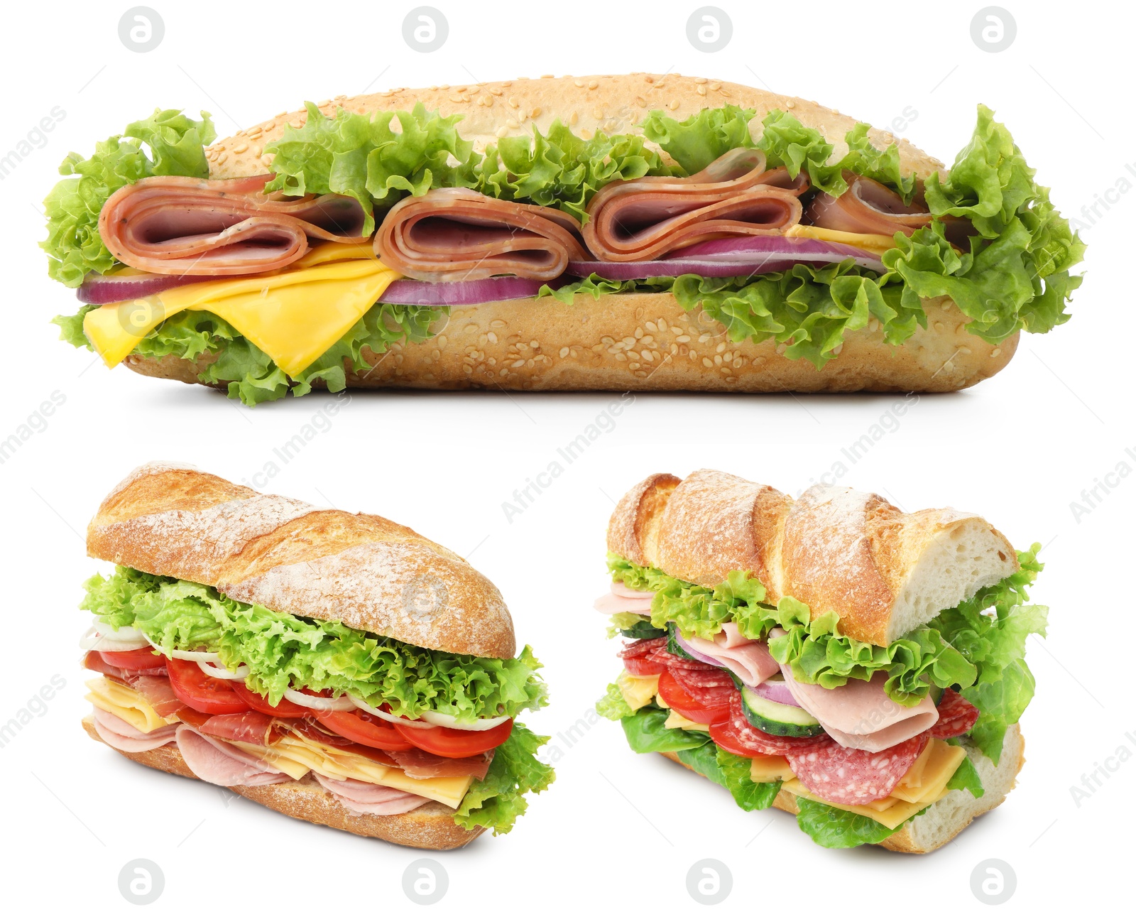 Delicious baguette sandwiches with different fillings isolated on white, collage Image of Delicious baguette sandwiches with different fillings isolated on white, collage