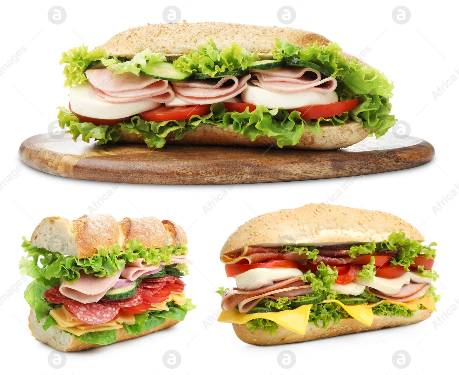 Delicious baguette sandwiches with different fillings isolated on white, collage Image of Delicious baguette sandwiches with different fillings isolated on white, collage