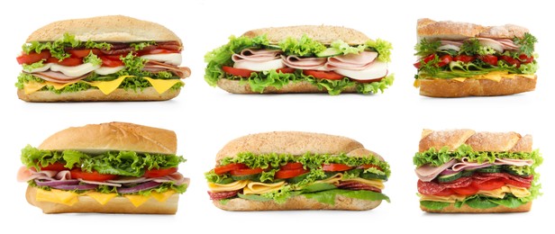 Image of Delicious baguette sandwiches with different fillings isolated on white, collage