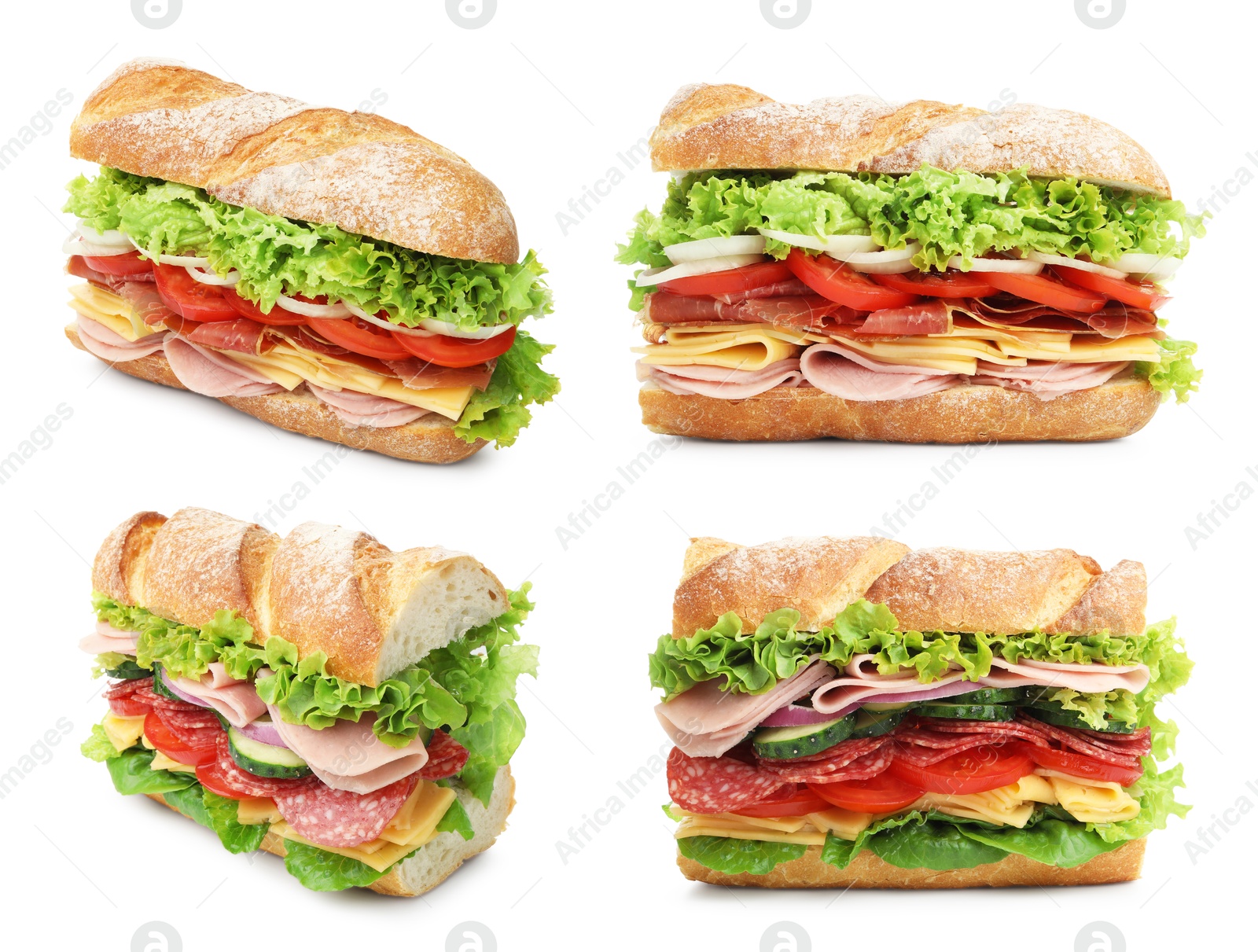 Delicious baguette sandwiches with different fillings isolated on white, collage Image of Delicious baguette sandwiches with different fillings isolated on white, collage