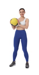Photo of Woman with medicine ball on white background