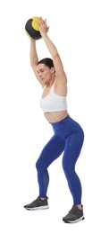 Photo of Athletic woman exercising with medicine ball on white background