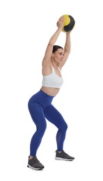 Photo of Athletic woman exercising with medicine ball on white background