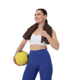 Photo of Woman with medicine ball on white background