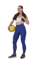 Photo of Woman with medicine ball on white background