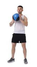 Photo of Man exercising with medicine ball on white background