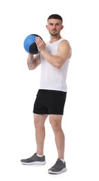 Photo of Man exercising with medicine ball on white background