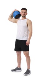 Photo of Man with medicine ball on white background