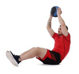 Photo of Man exercising with medicine ball on white background