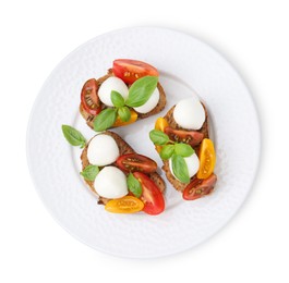 Photo of Tasty sandwiches with mozzarella cheese, tomatoes and basil isolated on white, top view