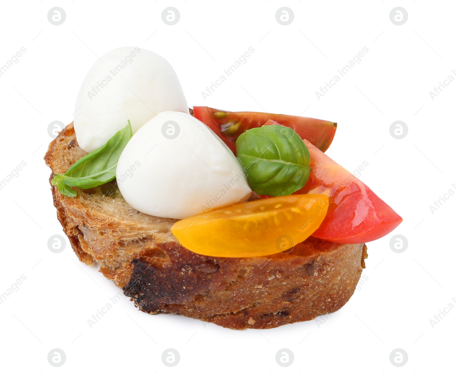 Tasty sandwich with mozzarella cheese, tomatoes and basil isolated on white Photo of Tasty sandwich with mozzarella cheese, tomatoes and basil isolated on white