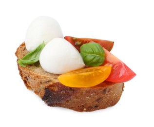 Photo of Tasty sandwich with mozzarella cheese, tomatoes and basil isolated on white
