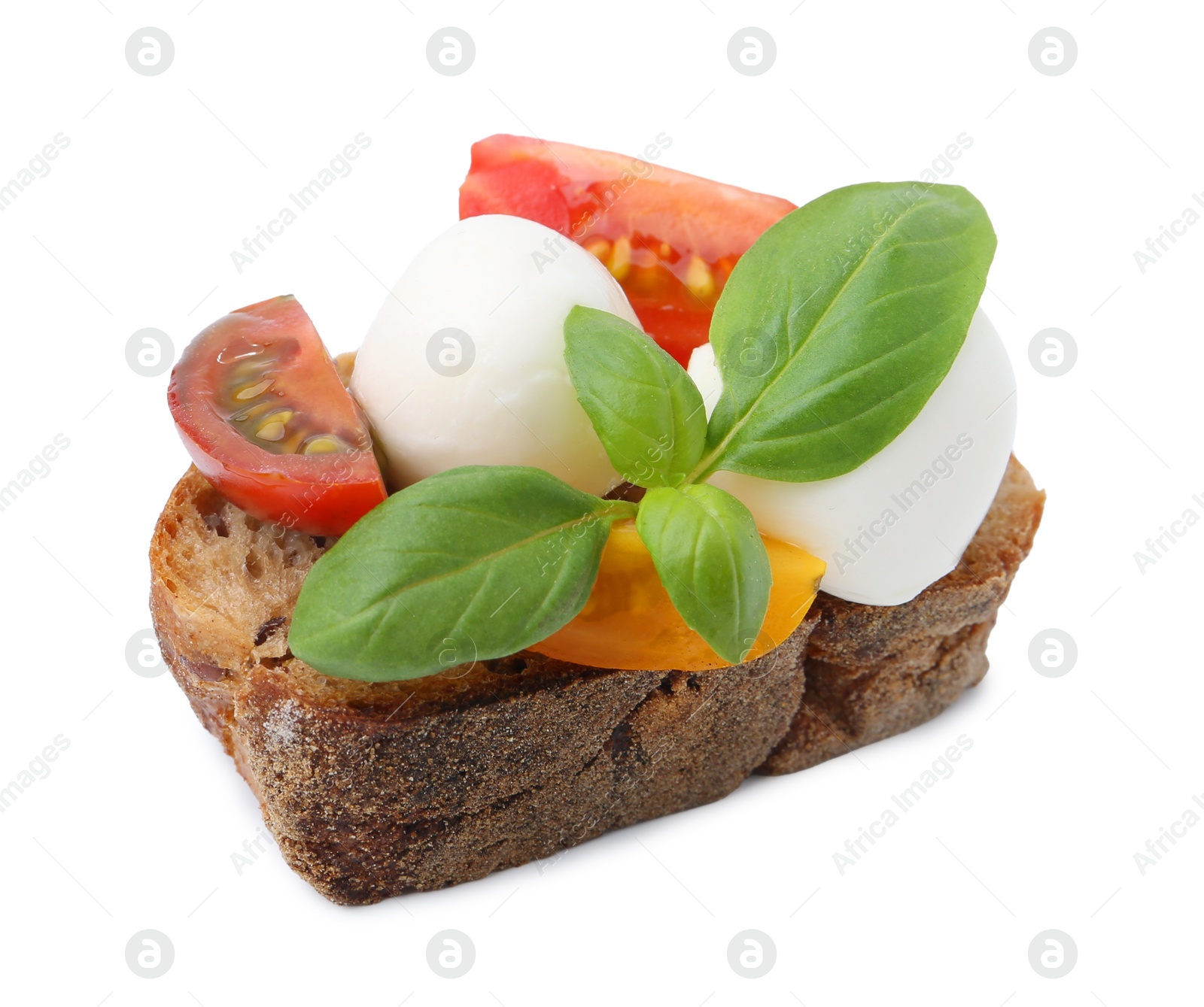 Tasty sandwich with mozzarella cheese, tomatoes and basil isolated on white Photo of Tasty sandwich with mozzarella cheese, tomatoes and basil isolated on white
