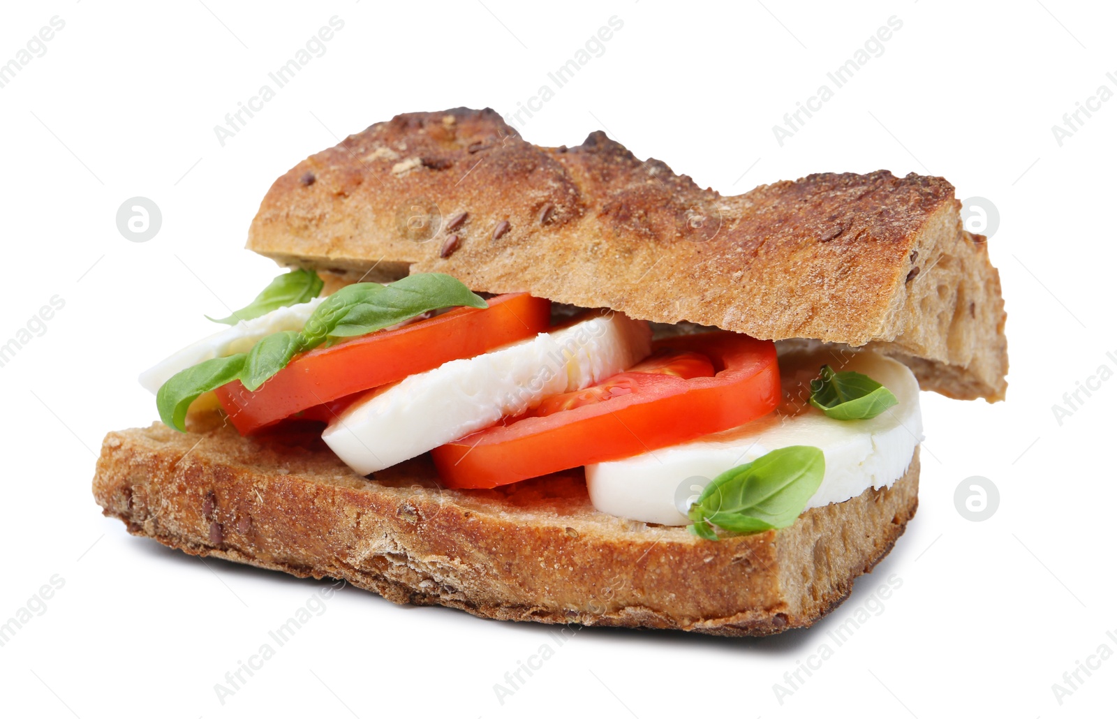 Tasty sandwich with mozzarella cheese, tomatoes and basil isolated on white Photo of Tasty sandwich with mozzarella cheese, tomatoes and basil isolated on white