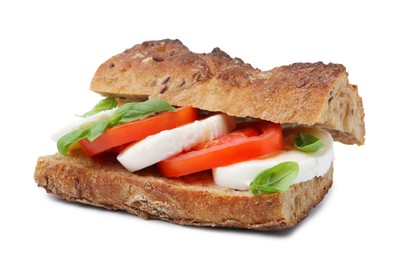 Photo of Tasty sandwich with mozzarella cheese, tomatoes and basil isolated on white
