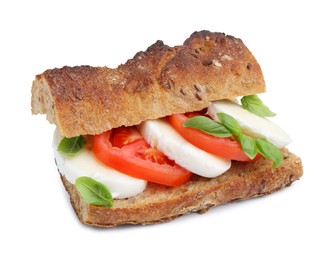 Photo of Tasty sandwich with mozzarella cheese, tomatoes and basil isolated on white