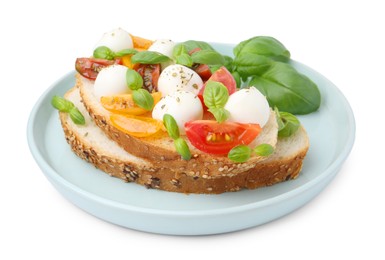 Photo of Tasty sandwich with mozzarella cheese, tomatoes and basil isolated on white