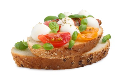 Photo of Tasty sandwich with mozzarella cheese, tomatoes and basil isolated on white