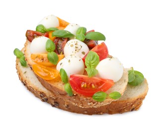 Photo of Tasty sandwich with mozzarella cheese, tomatoes and basil isolated on white