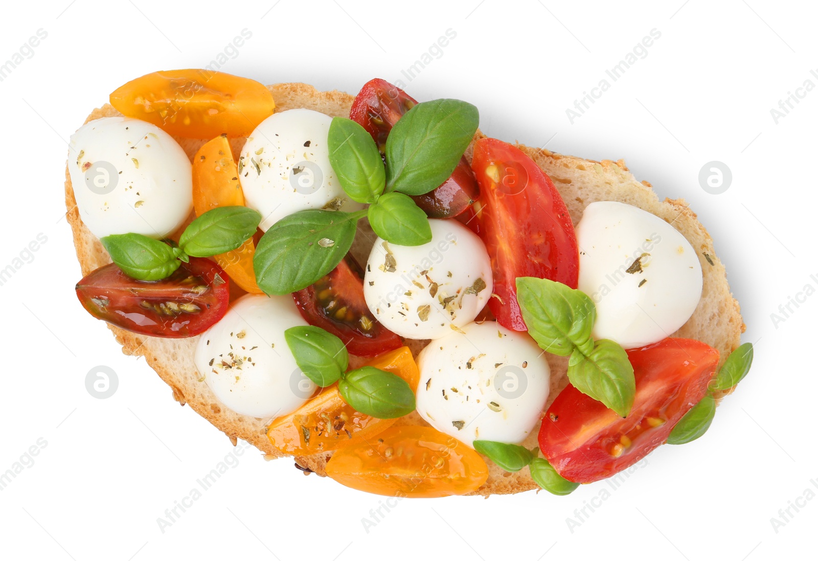 Tasty sandwich with mozzarella cheese, tomatoes and basil isolated on white, top view Photo of Tasty sandwich with mozzarella cheese, tomatoes and basil isolated on white, top view