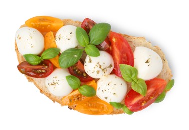 Photo of Tasty sandwich with mozzarella cheese, tomatoes and basil isolated on white, top view