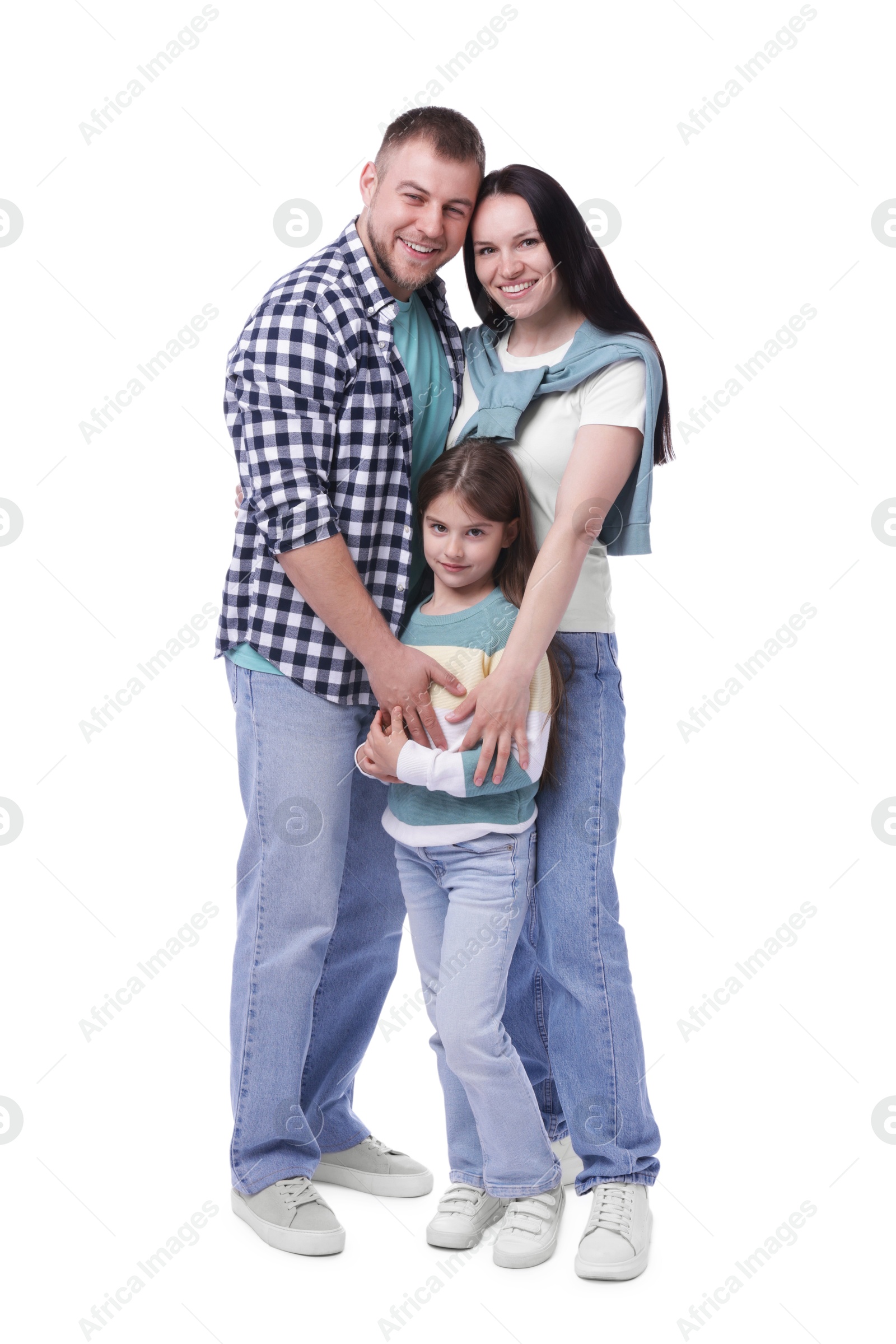 Happy parents and their daughter on white background Photo of Happy parents and their daughter on white background