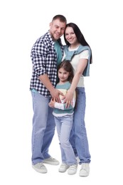 Photo of Happy parents and their daughter on white background