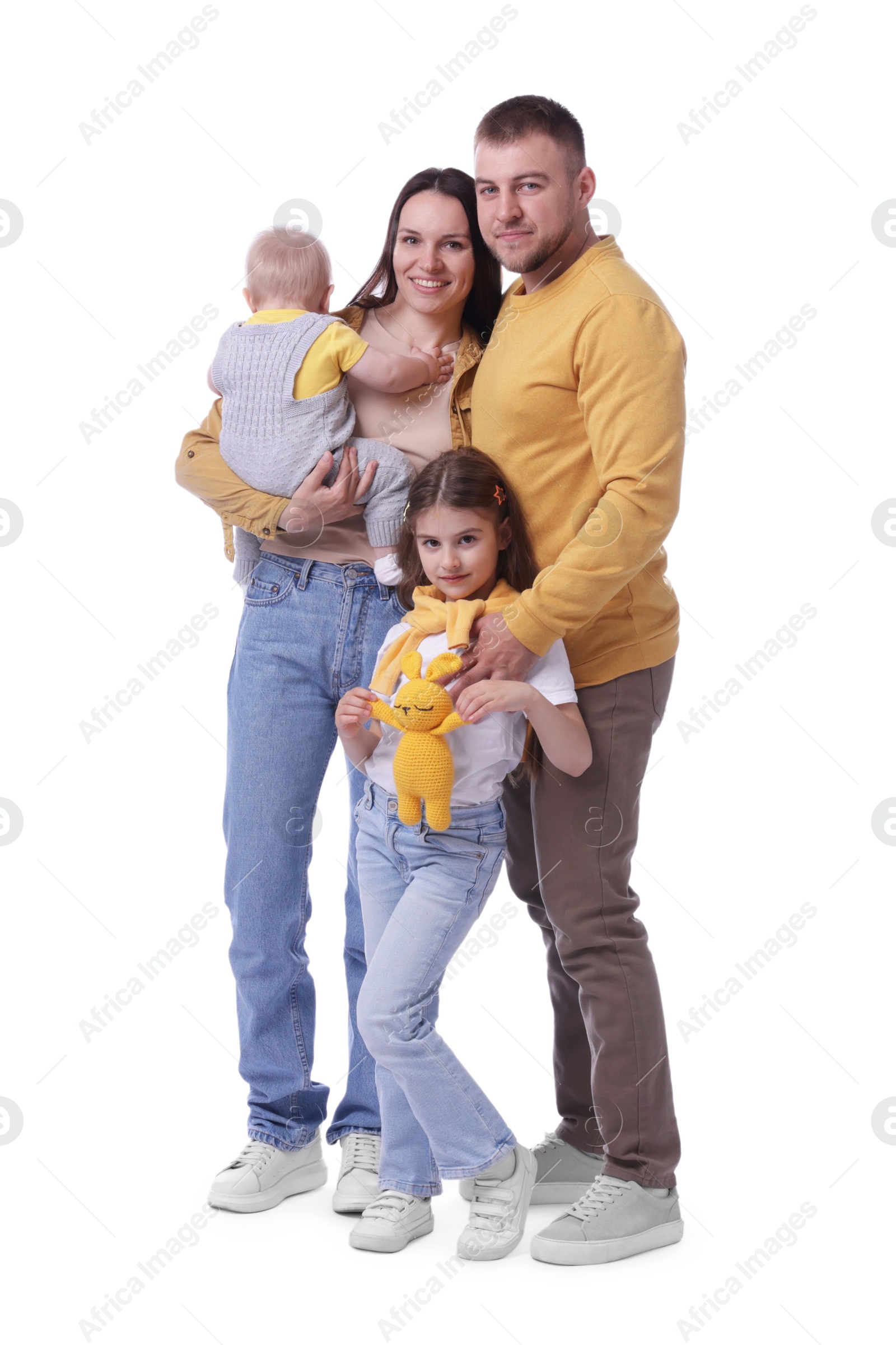 Happy parents and their kids on white background Photo of Happy parents and their kids on white background
