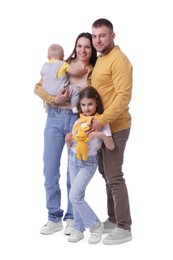 Photo of Happy parents and their kids on white background