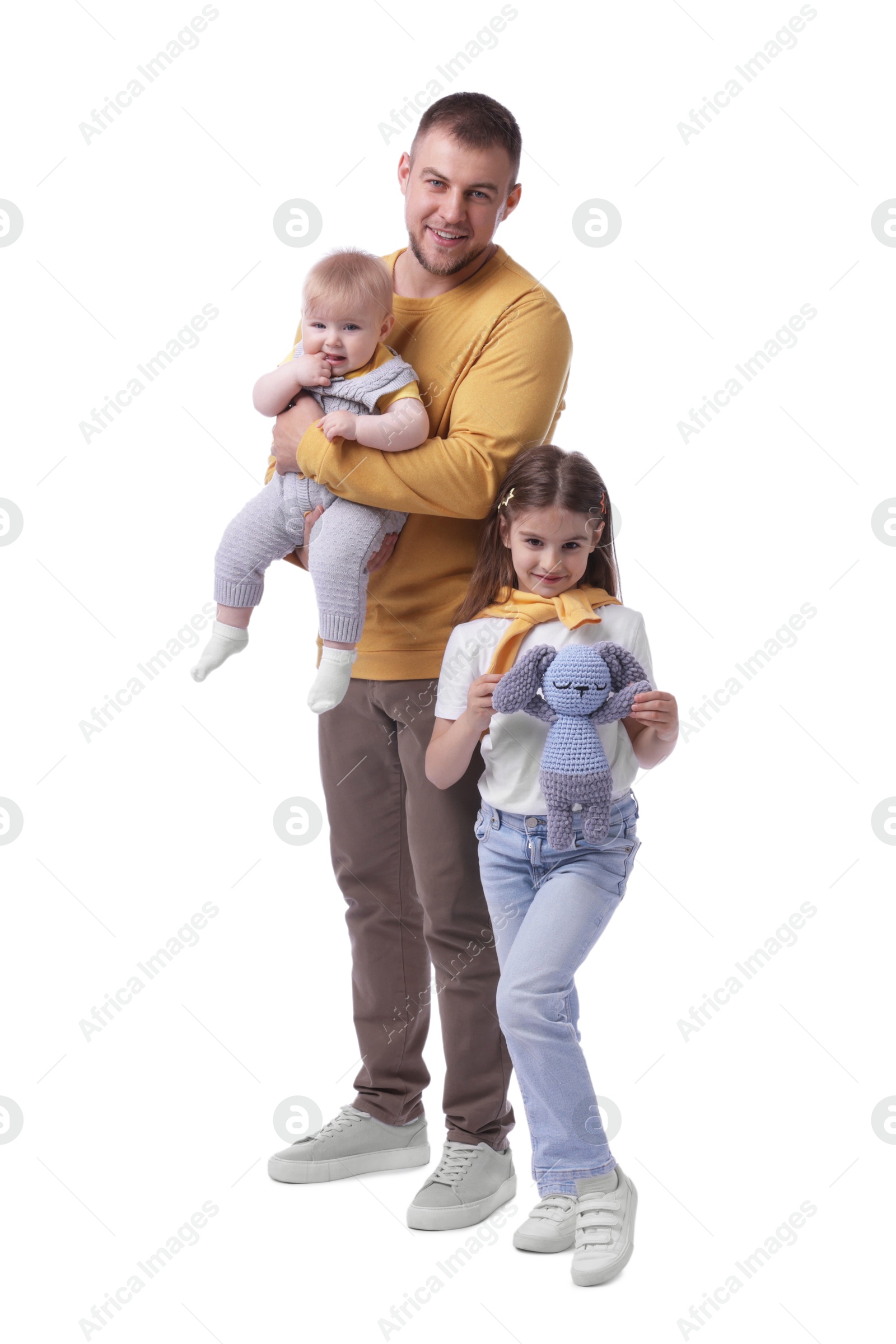 Happy father and his kids on white background Photo of Happy father and his kids on white background