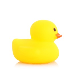Photo of One cute rubber duck on mirror surface against white background