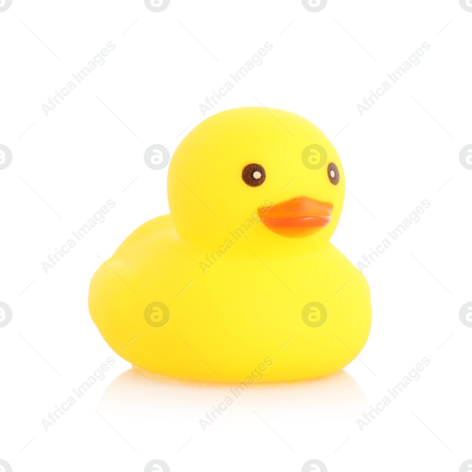 One cute rubber duck on mirror surface against white background Photo of One cute rubber duck on mirror surface against white background