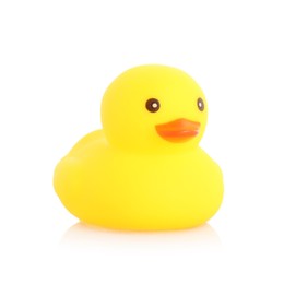 Photo of One cute rubber duck on mirror surface against white background