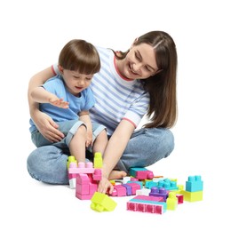 Photo of Mother and son playing with building bricks on white background