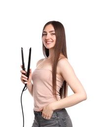 Photo of Woman with beautiful hair and straightener on white background