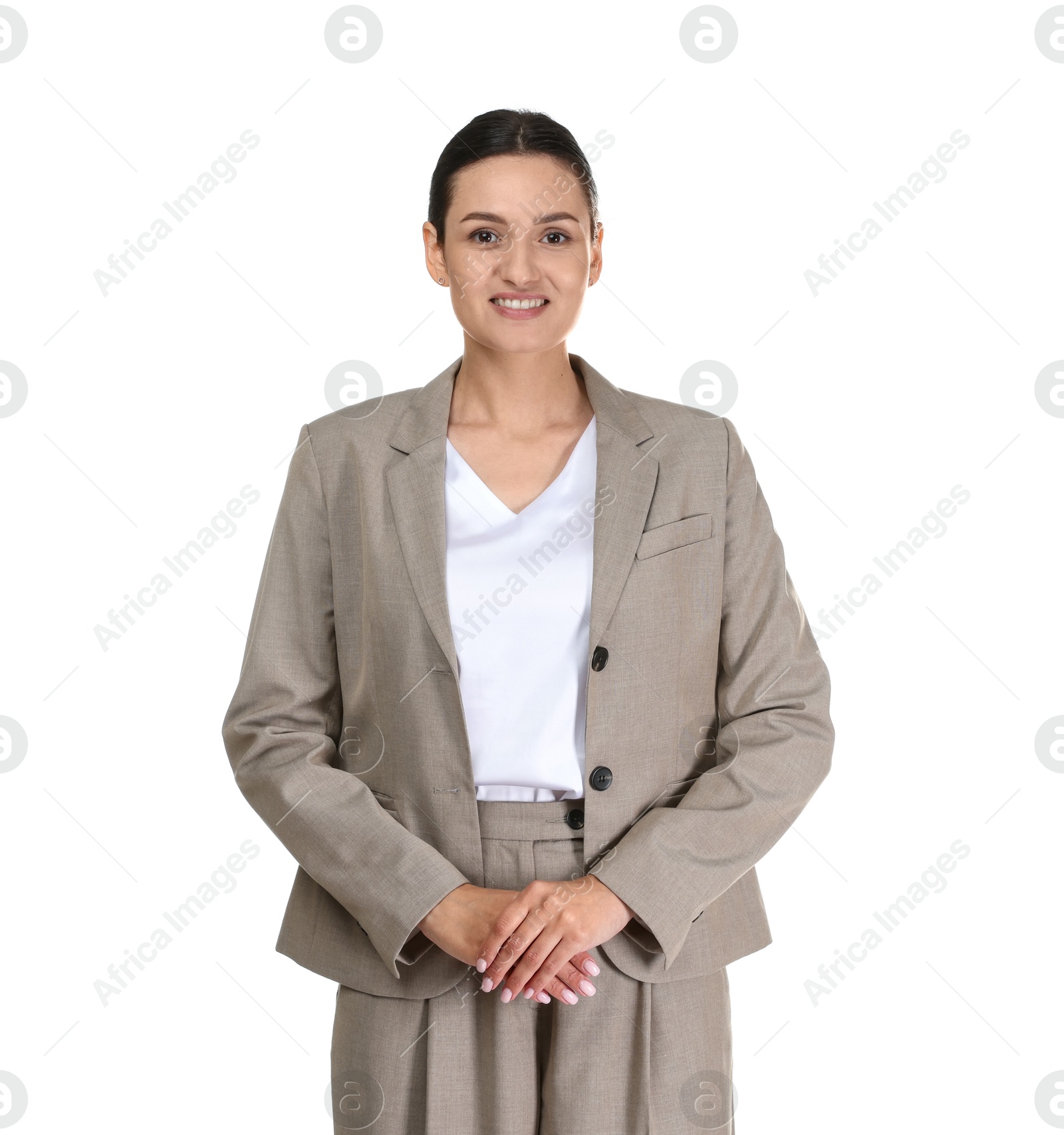 Confident business woman in suit on white background Photo of Confident business woman in suit on white background