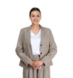Photo of Confident business woman in suit on white background