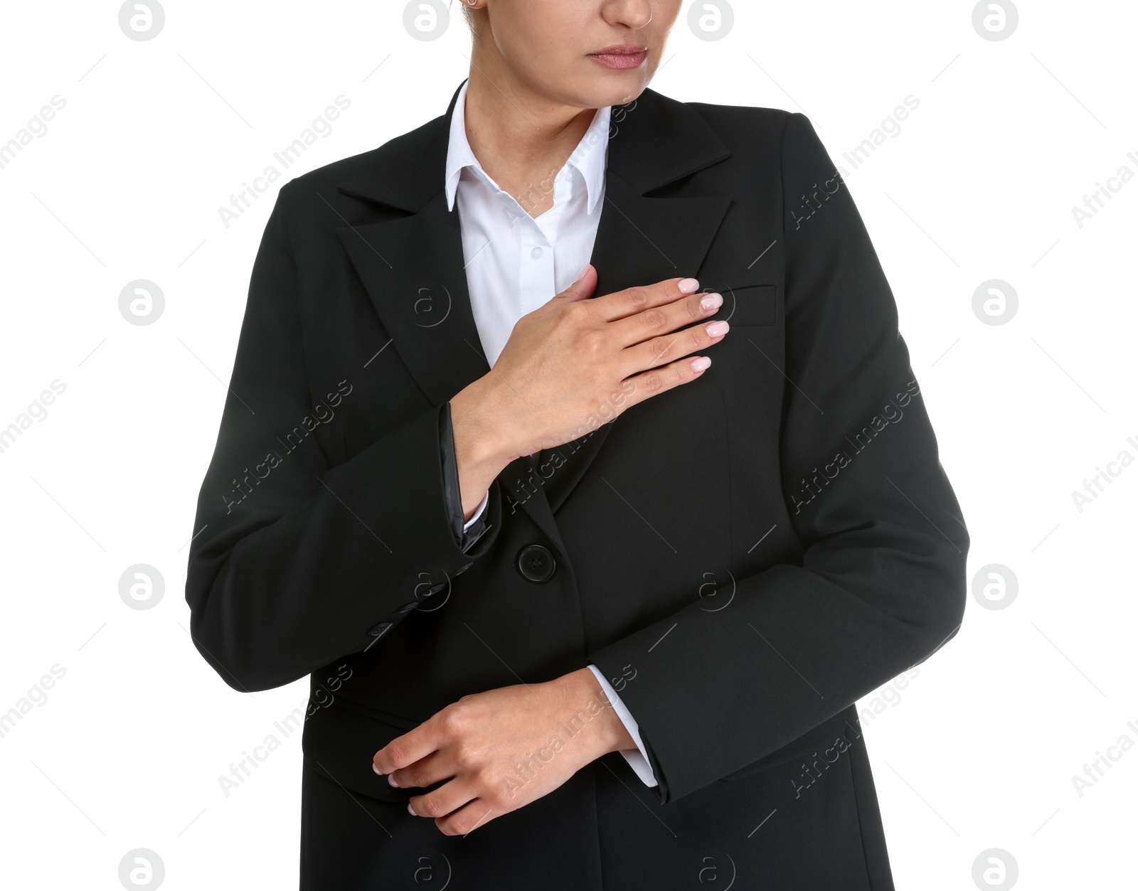 Confident business woman in suit on white background, closeup Photo of Confident business woman in suit on white background, closeup