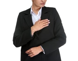 Photo of Confident business woman in suit on white background, closeup