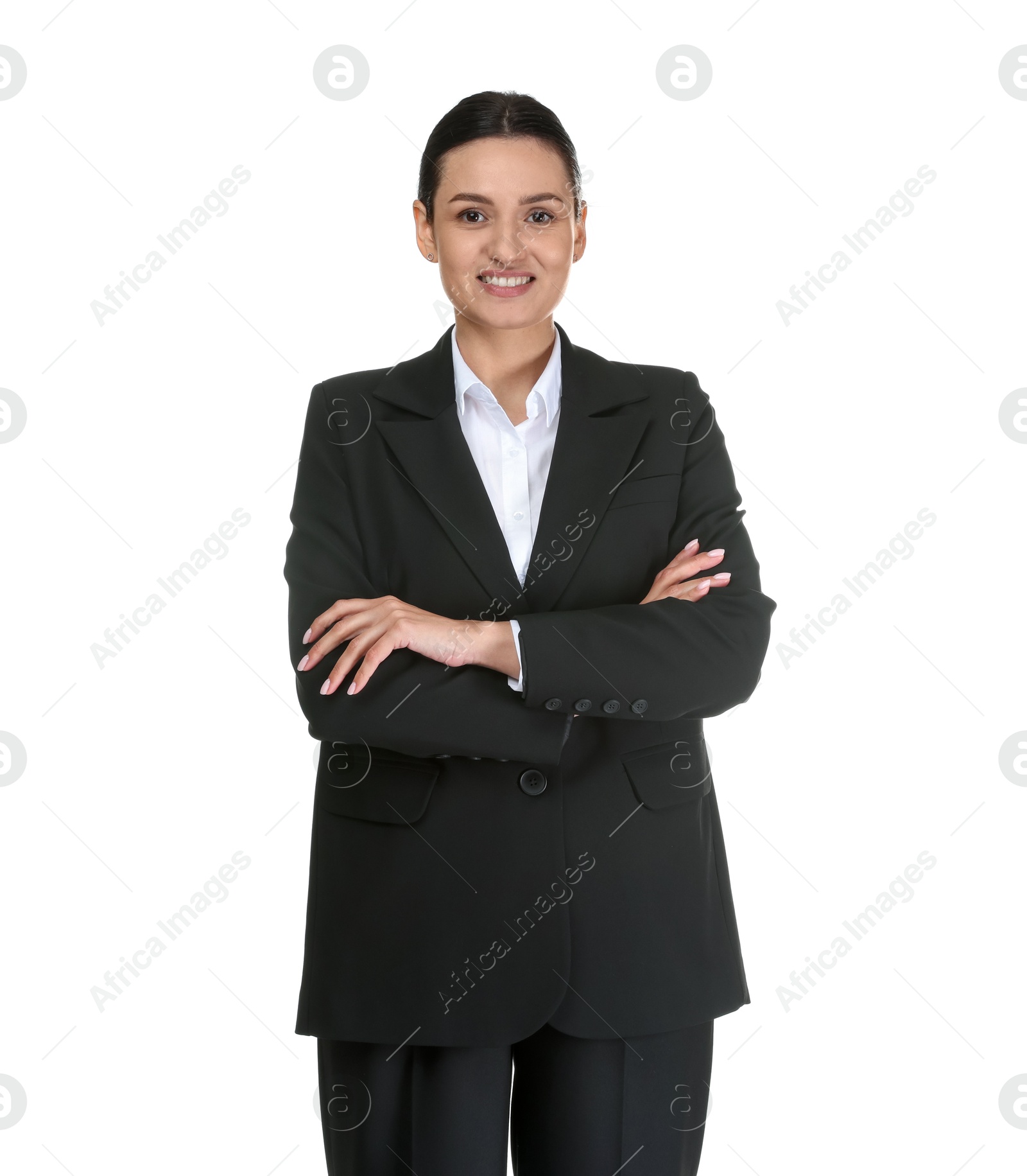 Confident business woman in suit on white background Photo of Confident business woman in suit on white background
