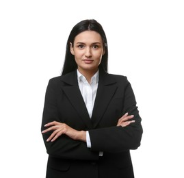 Photo of Confident business woman in suit on white background