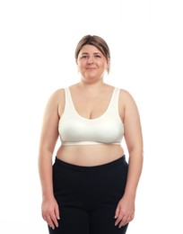 Photo of Weight loss. Plus size woman on white background