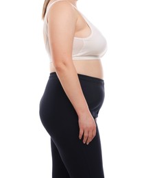 Photo of Weight loss. Plus size woman on white background, closeup