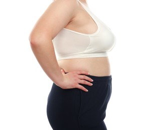 Photo of Weight loss. Plus size woman on white background, closeup