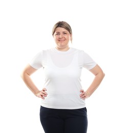 Photo of Weight loss. Plus size woman on white background