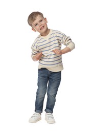 Photo of Happy little boy dancing on white background