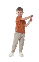 Photo of Happy little boy dancing on white background