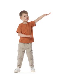 Photo of Happy little boy dancing on white background