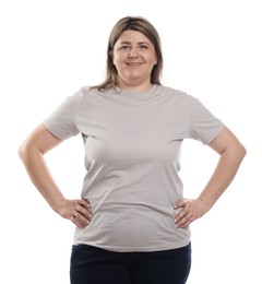 Photo of Weight loss. Plus size woman on white background