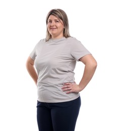 Photo of Weight loss. Plus size woman on white background